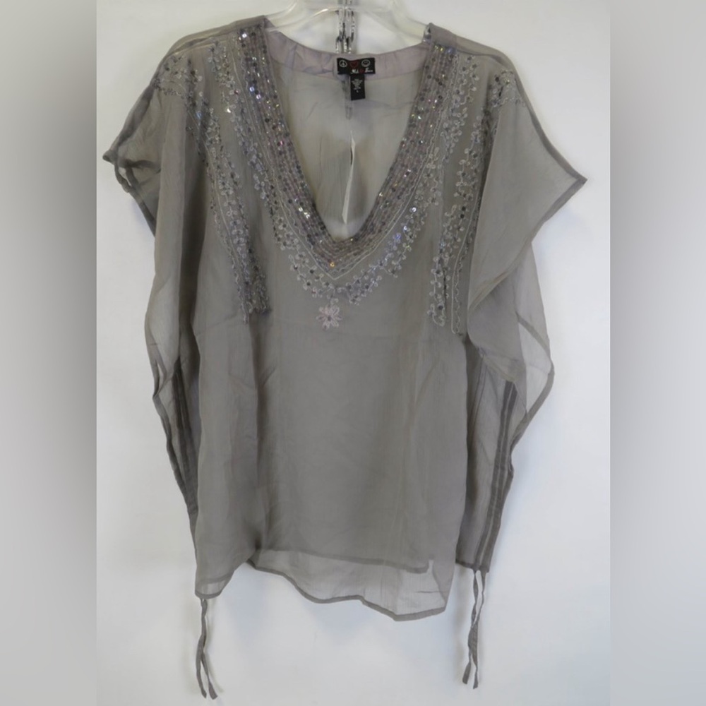 Ash & Sara Women’s embellished sheer Grey boho blouse top w/ties Sizes SM-3X NWT